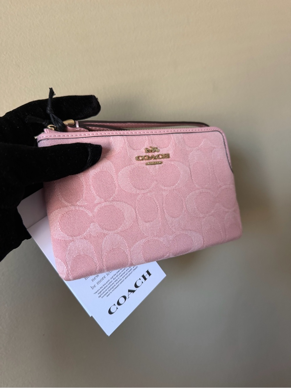Coach Pink denim Signature. Wristlet Pouch with Gold Logo. NWT